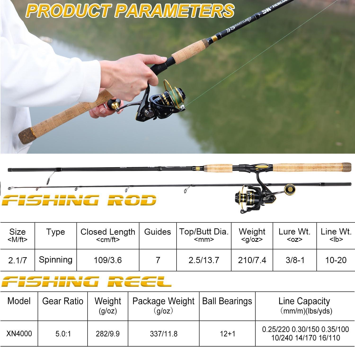 image:imageSougayilang 7 Fishing Rod and Reel Spinning Combo 2 Piece Fishing Rod Size 4000 Reel RightLeft Handle Position Suitable for Inshore FishingGolden