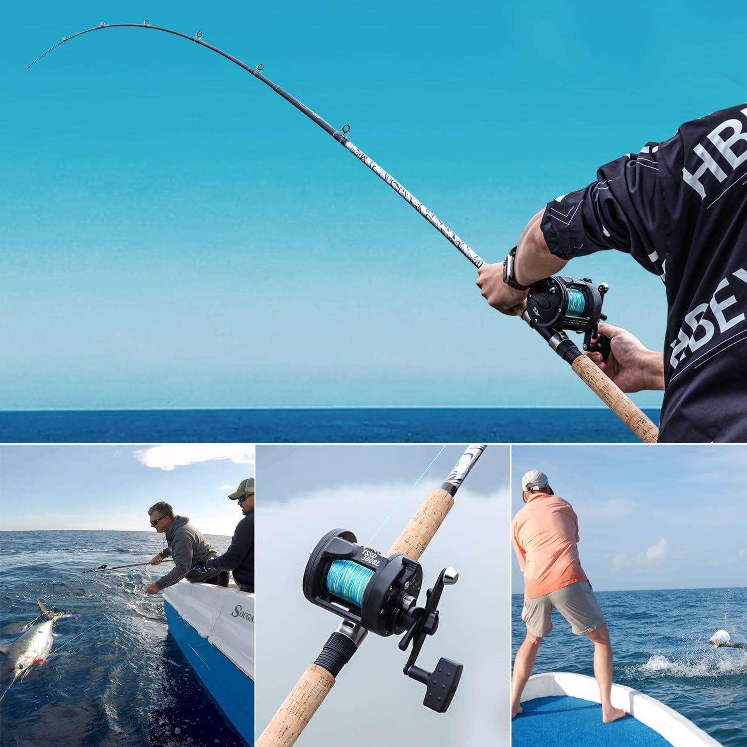 image:imageSougayilang Fiberglass Fishing Pole Conventional Reel Combo with Durable PCork Rod Handle Medium Heavy for Catfish Salmon and Steelhead90 MH Fast with 4000 Reel Left Handed