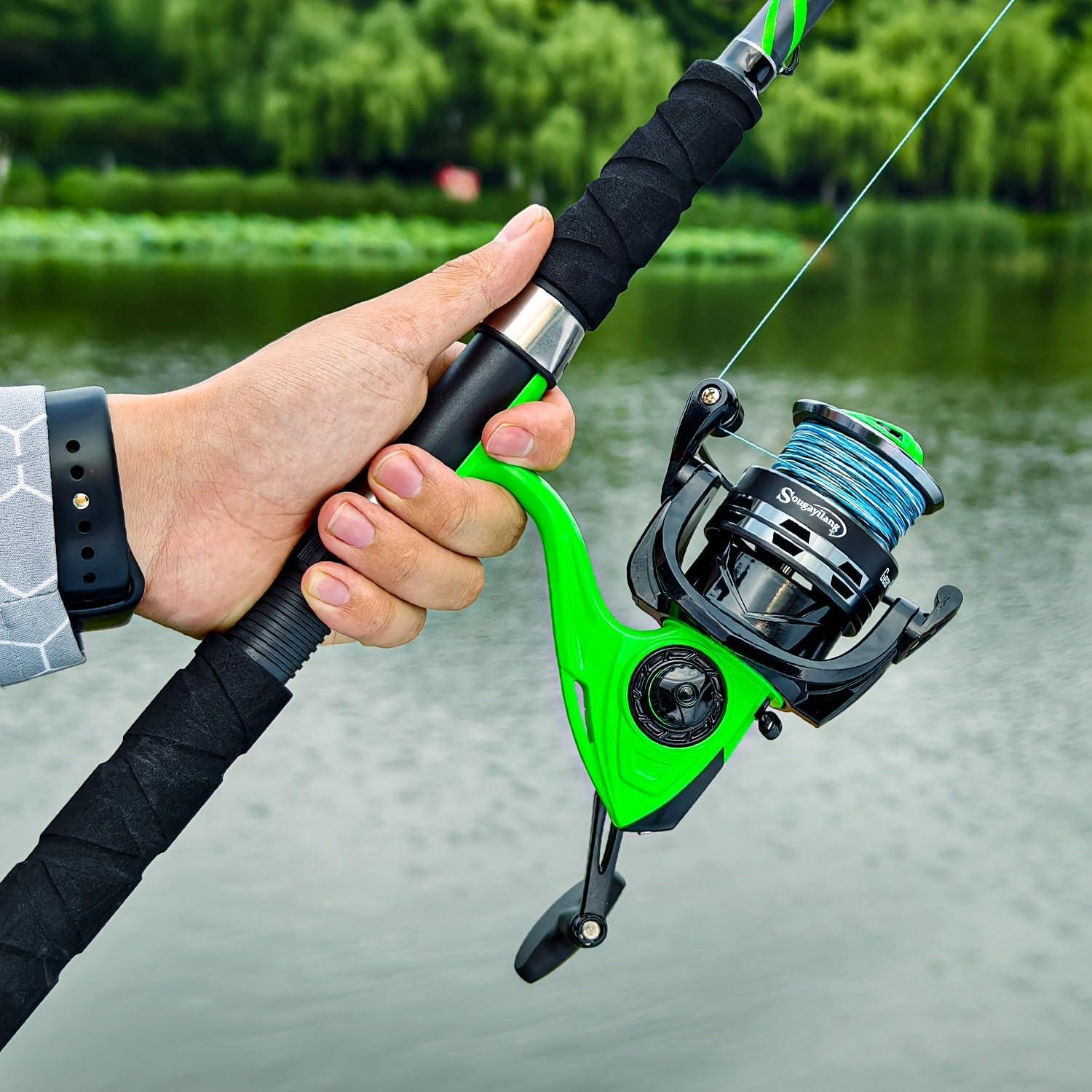 image:imageSougayilang Progressive Glass Fishing Rods Combo with Spinning Reel Strong 100 Phenolic Glass Blanks 2Pcs Pole70 with 4000 Size ReelGreen