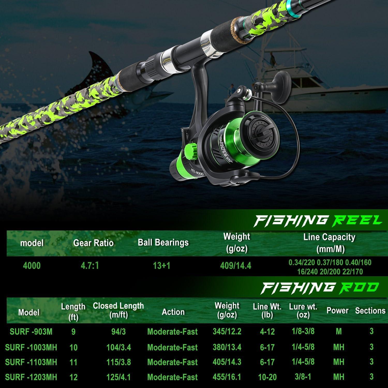 image:imageSougayilang Surf Fishing Rod and Reel Combo MediumHeavy 3 Piece Travel Spinning Rod with 4000 Size Reel Baitfeeder Combo91011green