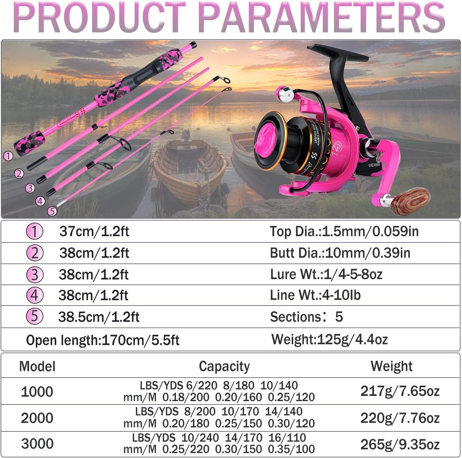 image:imageSpinning Fishing Rod Reel Combos5Piece Portable Fishing Pole and Smooth Reel for BoysGirls and AdultsPink 55ft Rod 1000 Reel Lures Kit