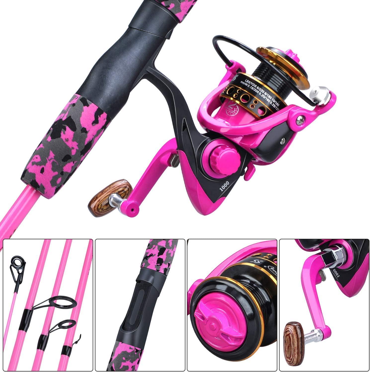 image:imageSpinning Fishing Rod Reel Combos5Piece Portable Fishing Pole and Smooth Reel for BoysGirls and AdultsPink 55ft Rod 1000 Reel Lures Kit