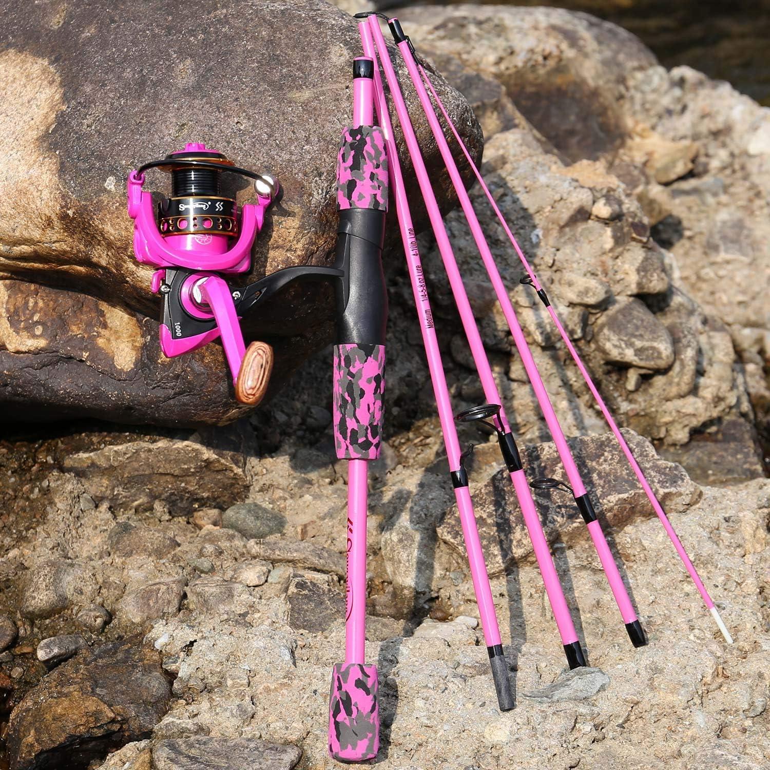 image:imageSpinning Fishing Rod Reel Combos5Piece Portable Fishing Pole and Smooth Reel for BoysGirls and AdultsPink 55ft Rod 1000 Reel Lures Kit