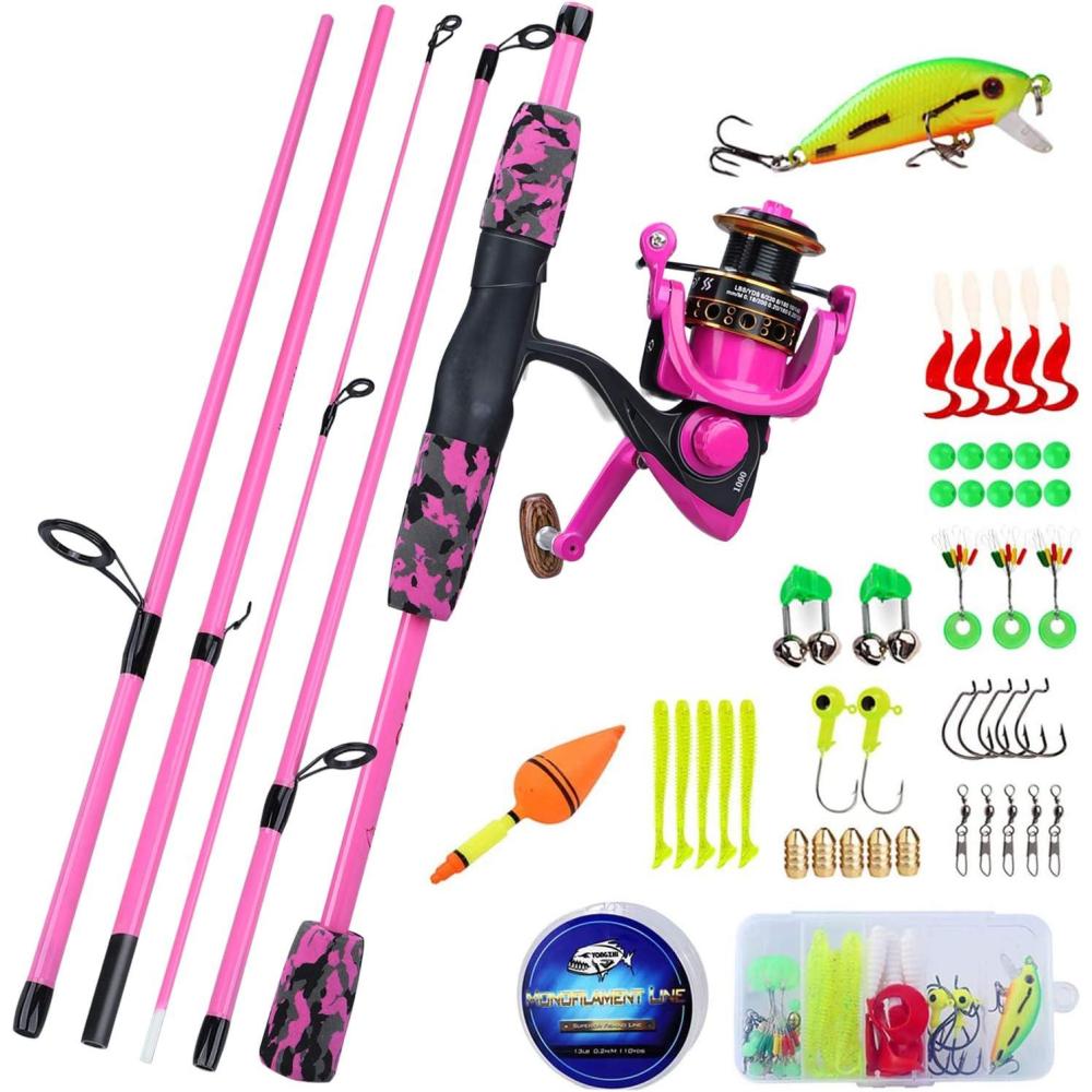 image:imageSpinning Fishing Rod Reel Combos5Piece Portable Fishing Pole and Smooth Reel for BoysGirls and AdultsPink 55ft Rod 1000 Reel Lures Kit