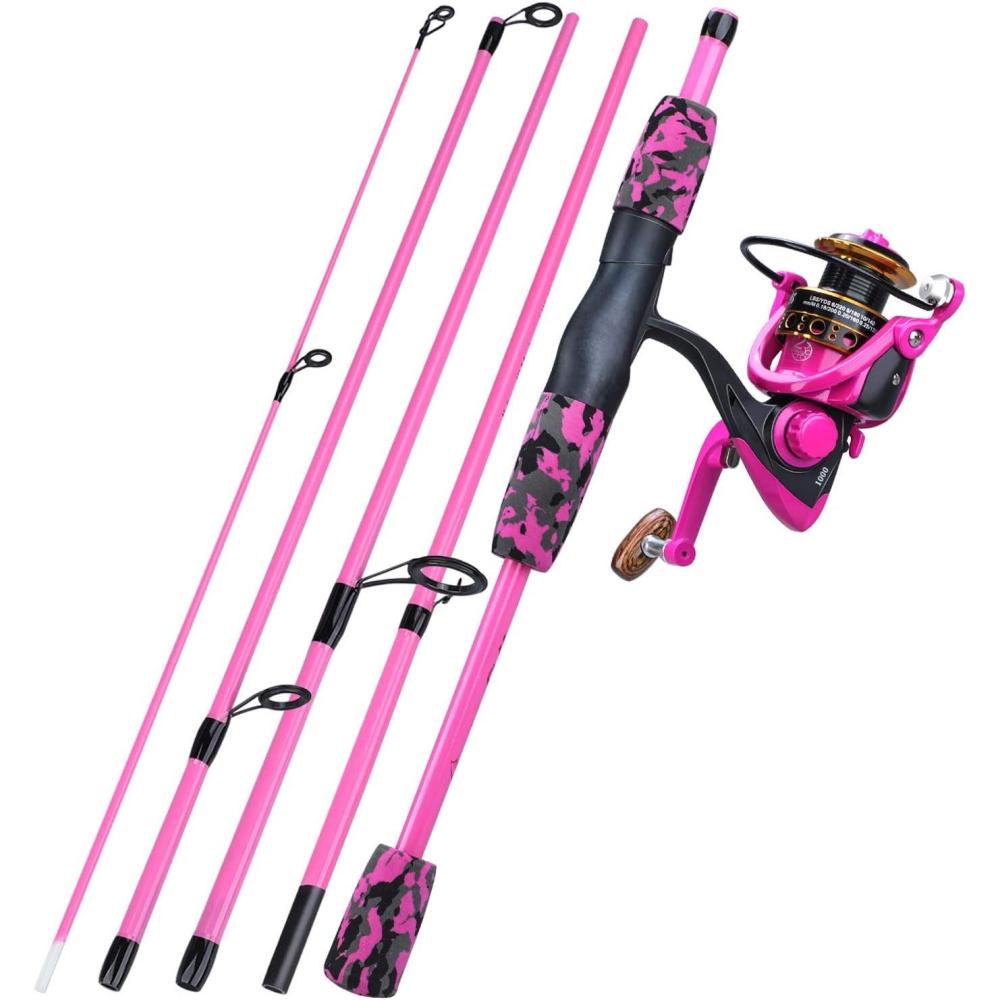 image:imageSpinning Fishing Rod Reel Combos5Piece Portable Fishing Pole and Smooth Reel for BoysGirls and AdultsPink 55ft Rod 1000 Reel Kit