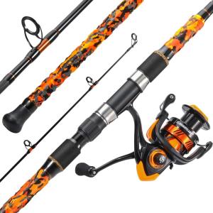 Sougayilang 3 Piece Surf Fishing Rod Combo Medium/Heavy Travel Spinning Rod with 5000 Size Reel Baitfeeder Combo(9’/10’/11′)(orange)