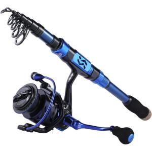 Sougayilang Fishing Rod Reel Combinations, 24 Ton Carbon Fiber, Portable Telescopic Fishing Rod Spinning Reels for Travel Saltwater Freshwater Fishing Gifts for People(blue)