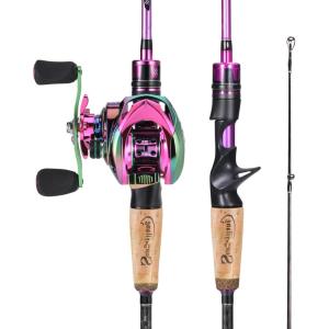 Sougayilang Fishing Rod and Reel Combo, Medium Heavy Fishing Pole with Baitcasting Reel Combo, 2-Piece Baitcaster Combo(Purple-Left Handed Reel Combo)