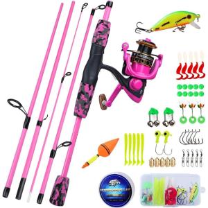 Spinning Fishing Rod Reel Combos,5-Piece Portable Fishing Pole and Smooth Reel for Boys,Girls and Adults(Pink 5.5ft Rod + 1000 Reel + Lures Kit)