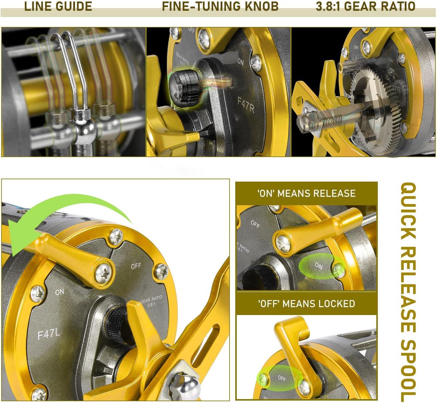 image:imageSougayilang Conventional Level Wind Fishing ReelInshore Surf Trolling Reel for Catfish Musky Bass for Freshwater SaltwaterGoldRight Hand
