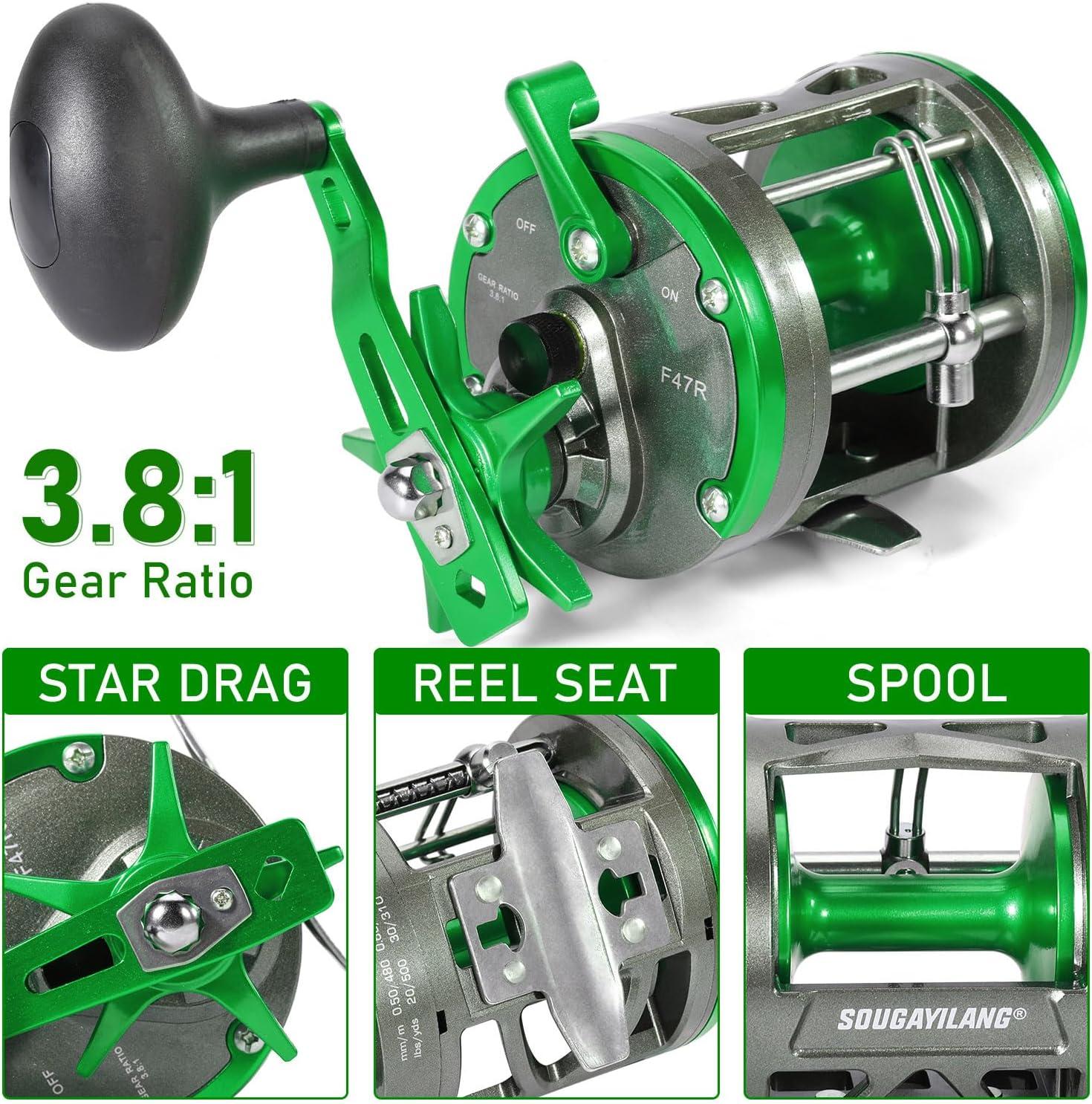image:imageSougayilang Conventional Level Wind Fishing ReelInshore Surf Trolling Reel for Catfish Musky Bass for Freshwater SaltwaterGreenLeft hand