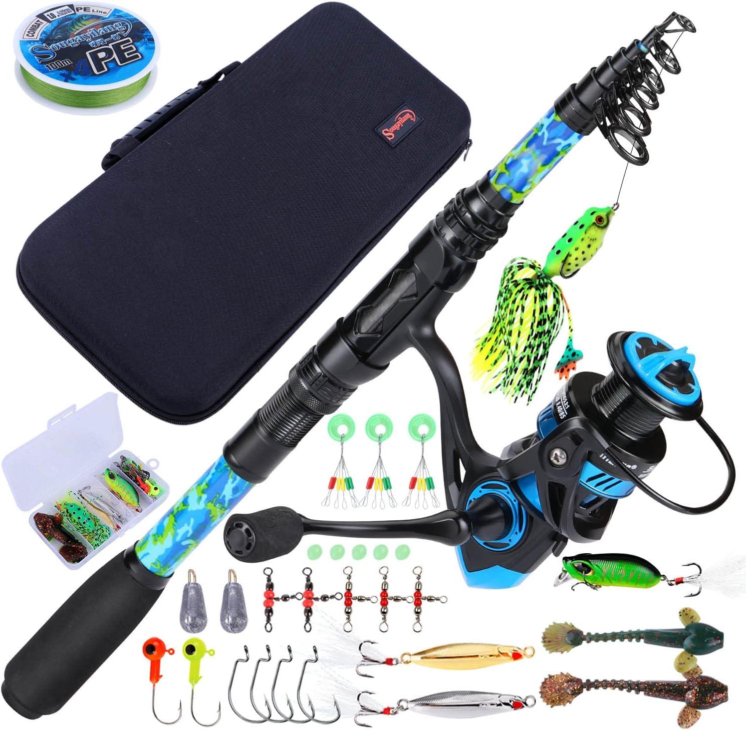 image:imageSougayilang Fishing Rod and Reel Combos with Telescopic Fishing Pole Spinning Reels Fishing Carrier Bag for Travel Saltwater Freshwater FishingBlue Full Kit with Carrier Case