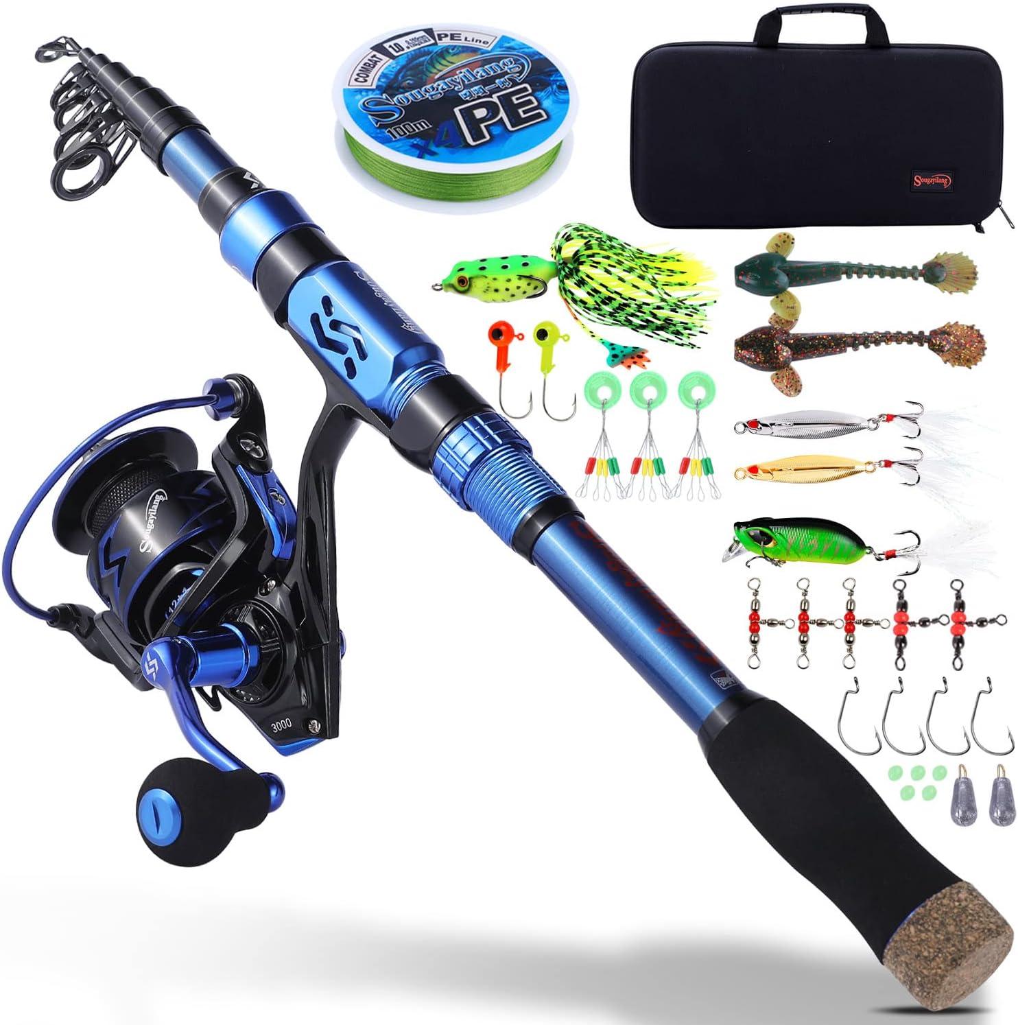 image:imageSougayilang Fishing Rod and Reel Set Carbon Fiber Telescopic Fishing Rod 121BB Spinning Reel with Carry Case for Saltwater Freshwaterblue