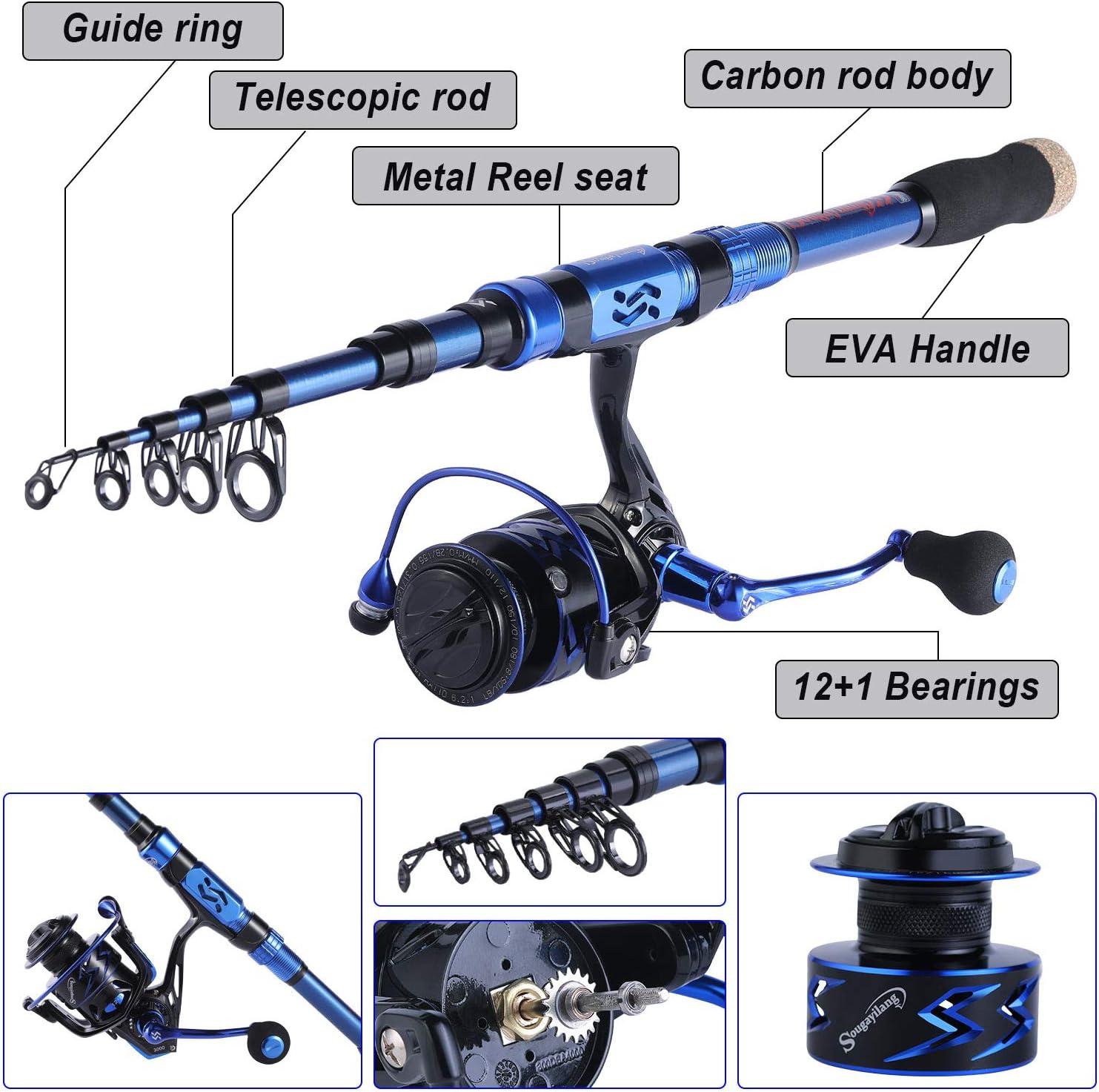 image:imageSougayilang Fishing Rod and Reel Set Carbon Fiber Telescopic Fishing Rod 121BB Spinning Reel with Carry Case for Saltwater Freshwaterblue