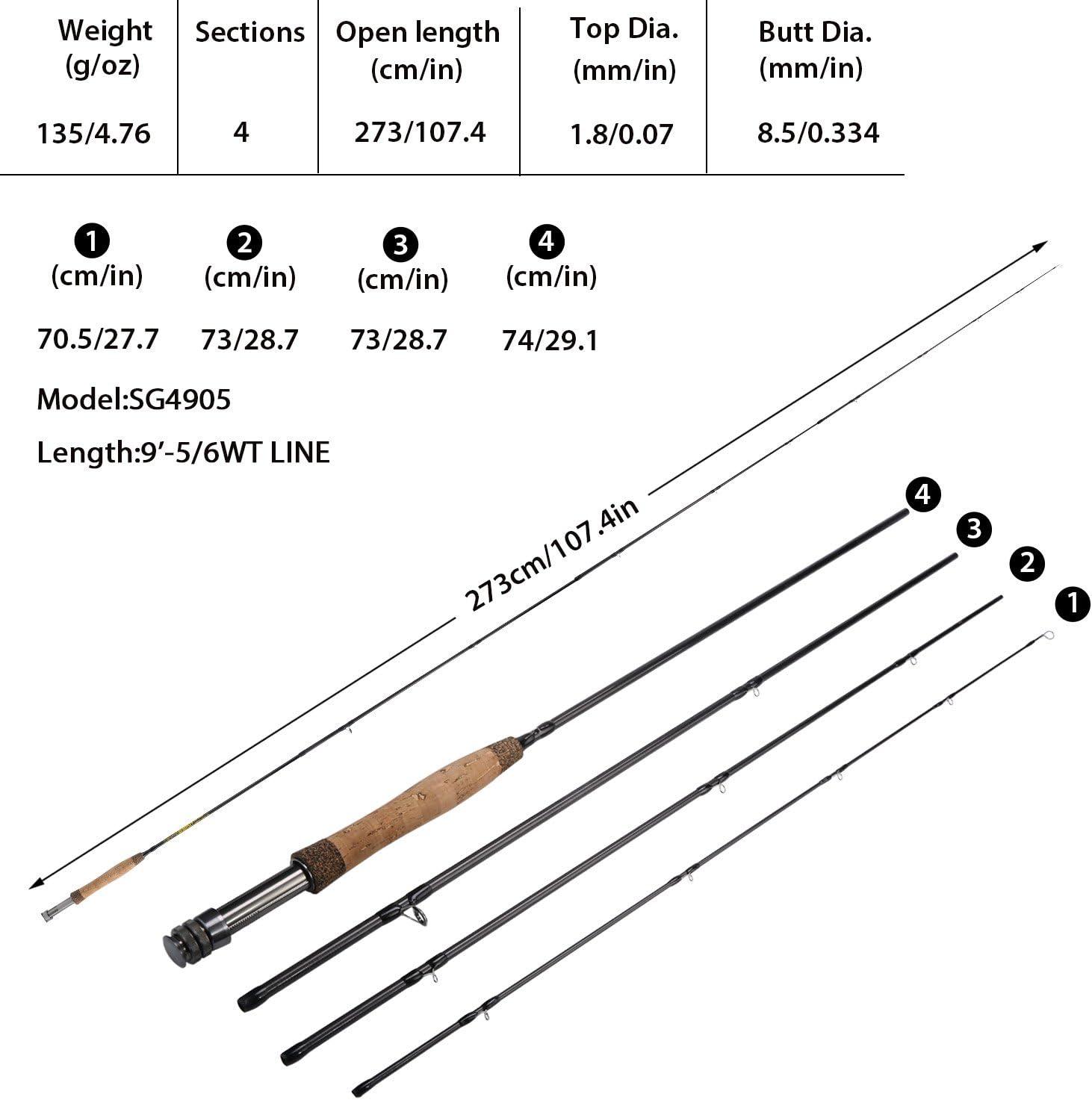 image:imageSougayilang Fly Fishing Rod 4Piece 9Feet Lightweight Ultra Portable Fly Fishing Pole for Trout Salmon Sunfish Outfit Travel FishingSg4905 Black 5wt 9