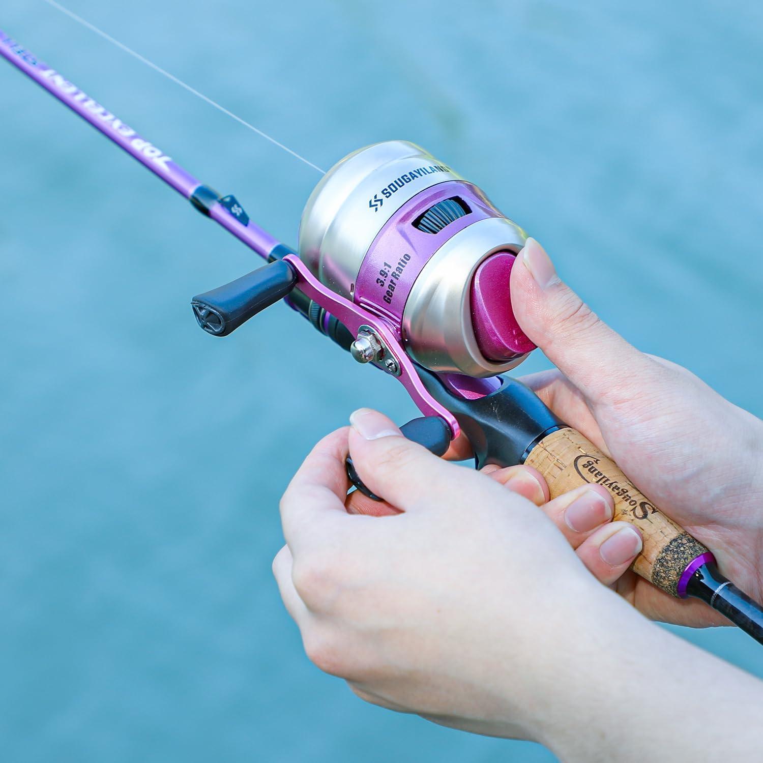image:imageSougayilang Spincast Fishing Reel Size 30 Reel Right or LeftHand Retrieve 391 Gear Ratio Prespooled with Mono Fishing LinePurple Spincast Reel