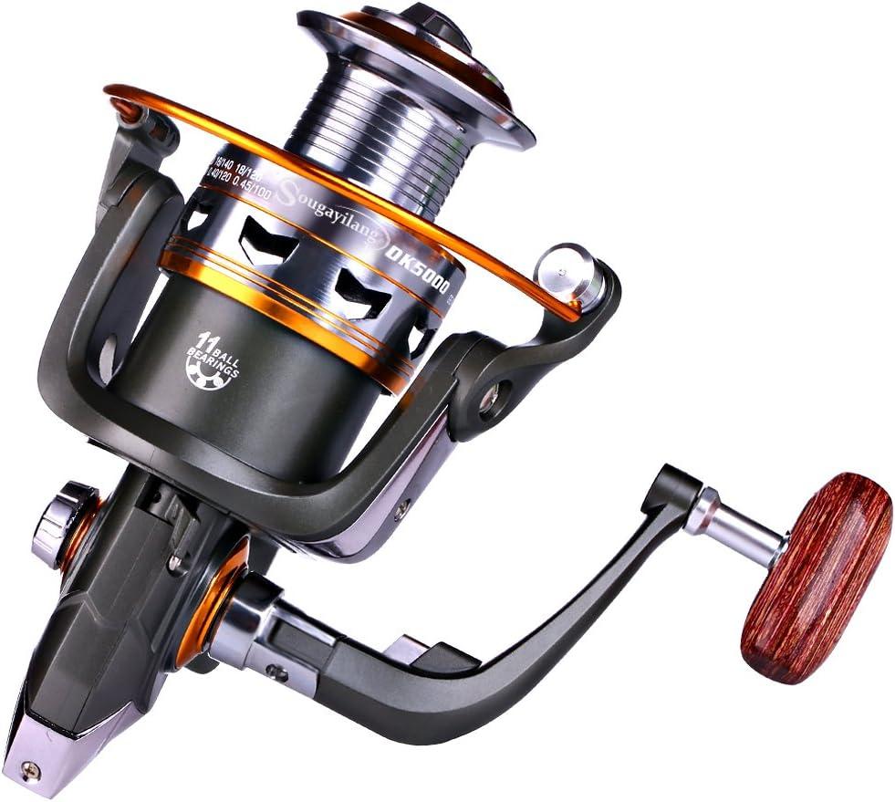 image:imageSougayilang Spinning Fishing Reels with LeftRight Interchangeable Collapsible Wood Handle Powerful Metal Body 521511 Gear Ratio Smooth 11BB for Inshore Boat Rock Freshwater Saltwater FishingDK6000