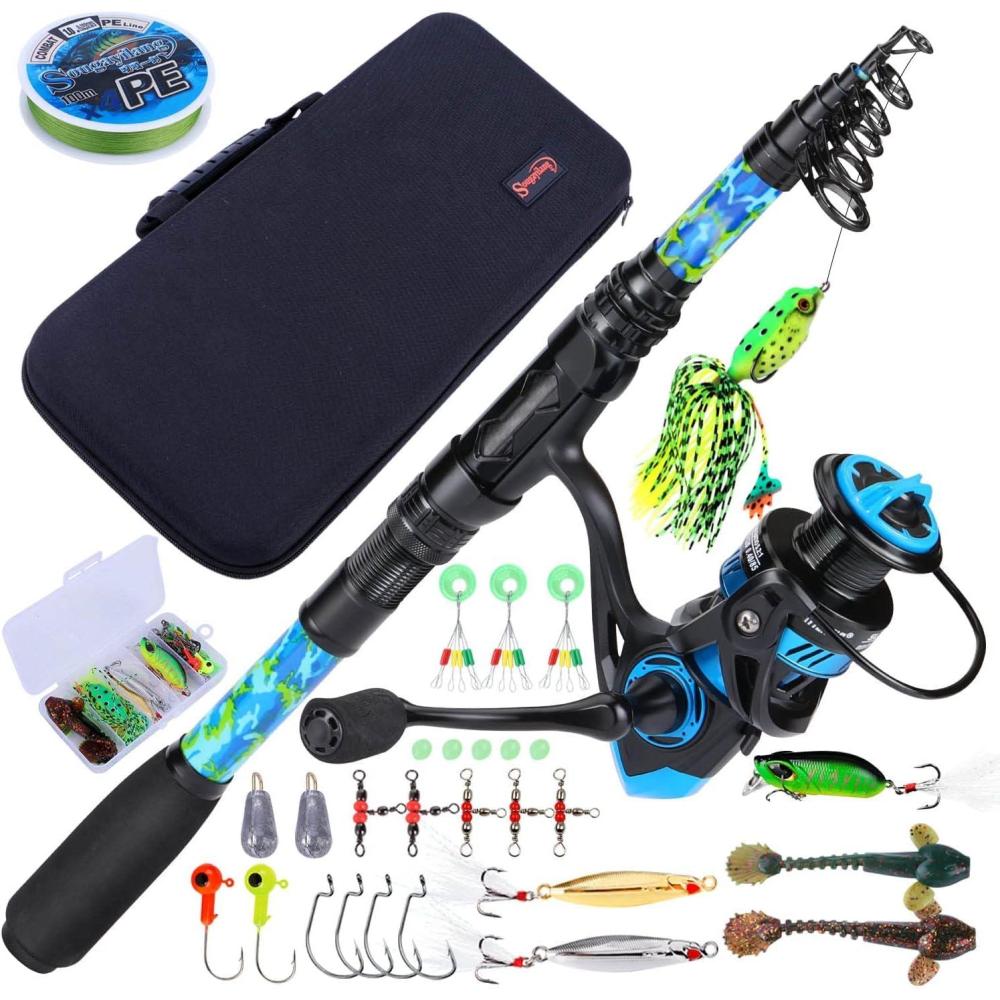 image:imageSougayilang Fishing Rod and Reel Combos with Telescopic Fishing Pole Spinning Reels Fishing Carrier Bag for Travel Saltwater Freshwater FishingBlue Full Kit with Carrier Case