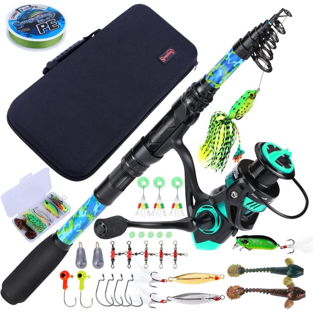 image:imageSougayilang Fishing Rod and Reel Combos with Telescopic Fishing Pole Spinning Reels Fishing Carrier Bag for Travel Saltwater Freshwater FishingGreen Full Kit with Carrier Case