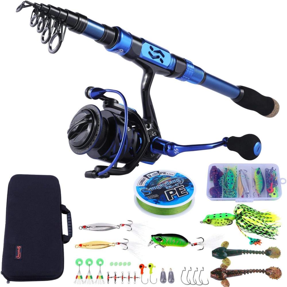 image:imageSougayilang Fishing Rod and Reel Set Carbon Fiber Telescopic Fishing Rod 121BB Spinning Reel with Carry Case for Saltwater Freshwaterblue