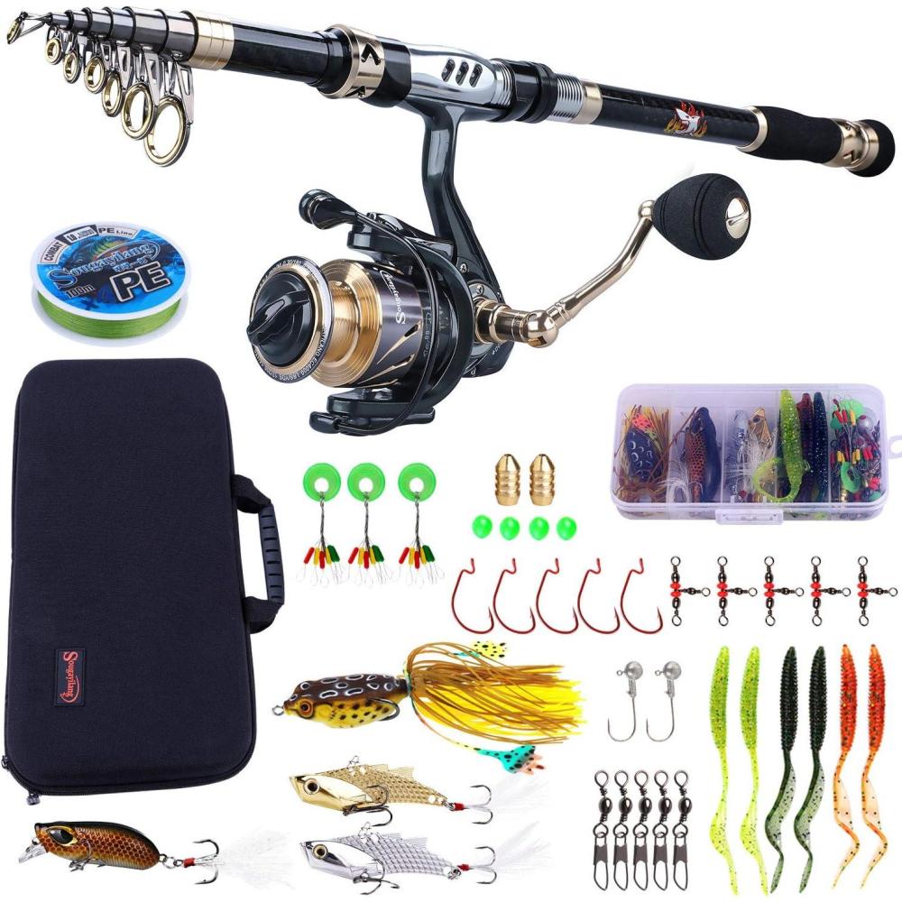 image:imageSougayilang Telescopic Fishing Rod and Reel Combos Full Kit Carbon Fiber Fishing Pole 13 1 Shielded Bearings Stainless Steel BB Spinning Reel with Suitcase Fishing Kit18m59ft