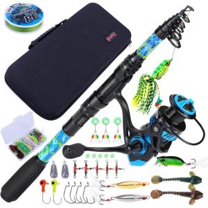 Sougayilang Fishing Rod and Reel Combos with Telescopic Fishing Pole Spinning Reels Fishing Carrier Bag for Travel Saltwater Freshwater Fishing(Blue Full Kit with Carrier Case)