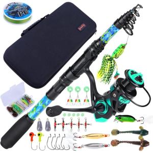 Sougayilang Fishing Rod and Reel Combos with Telescopic Fishing Pole Spinning Reels Fishing Carrier Bag for Travel Saltwater Freshwater Fishing(Green Full Kit with Carrier Case)