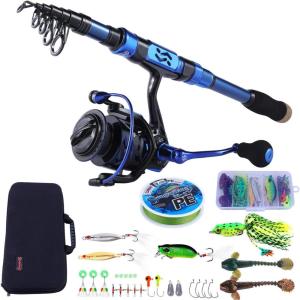 Sougayilang Fishing Rod and Reel Set Carbon Fiber Telescopic Fishing Rod 12+1BB Spinning Reel with Carry Case for Saltwater Freshwater(blue)