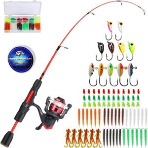 Sougayilang Ice Fishing Rod and Reel Set, Ice Fishing Includes Ice Jigs, Lures, and Essential Tackle,27″ Medium/Light Power Ice Spinning Rod,EVA Foam Grip Handle(E-spinning ice combo-LXE)