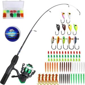Sougayilang Ice Fishing Rod and Reel Set, Ice Fishing Includes Ice Jigs, Lures, and Essential Tackle,27″ Medium/Light Power Ice Spinning Rod,EVA Foam Grip Handle(F-spinning ice combo-MYMLXE)