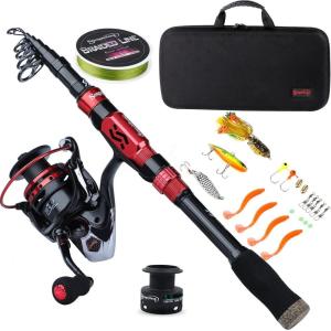 Sougayilang Telescopic Fishing Pole with Spinning Reel Portable Fishing Rod Reel Combos(Red- Full Kits With Bag)