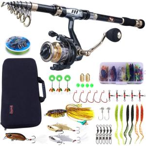 Sougayilang Telescopic Fishing Rod and Reel Combos Full Kit, Carbon Fiber Fishing Pole, 13 +1 Shielded Bearings Stainless Steel BB Spinning Reel with Suitcase Fishing Kit(1.8m/5.9ft)