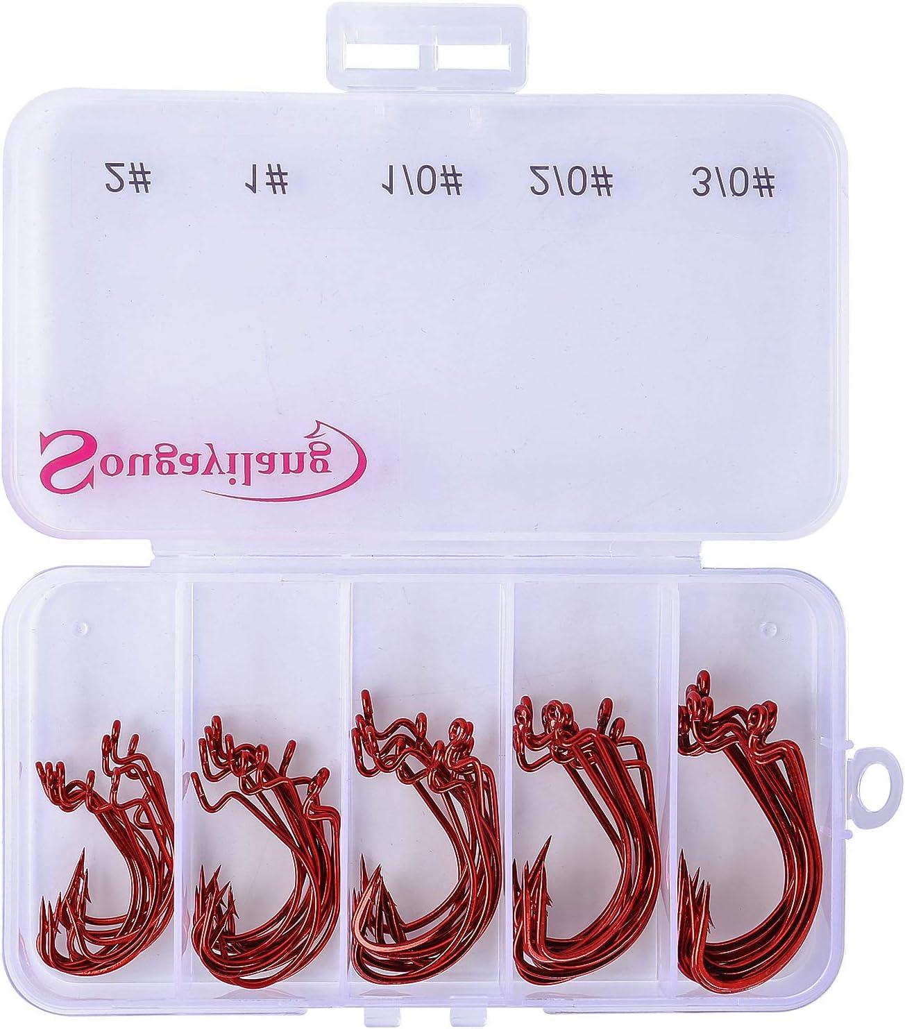 image:imageSougayilang Fishing Hooks High Carbon Steel Worm Soft Bait Jig Fish Hooks with Plastic Box50PCSred