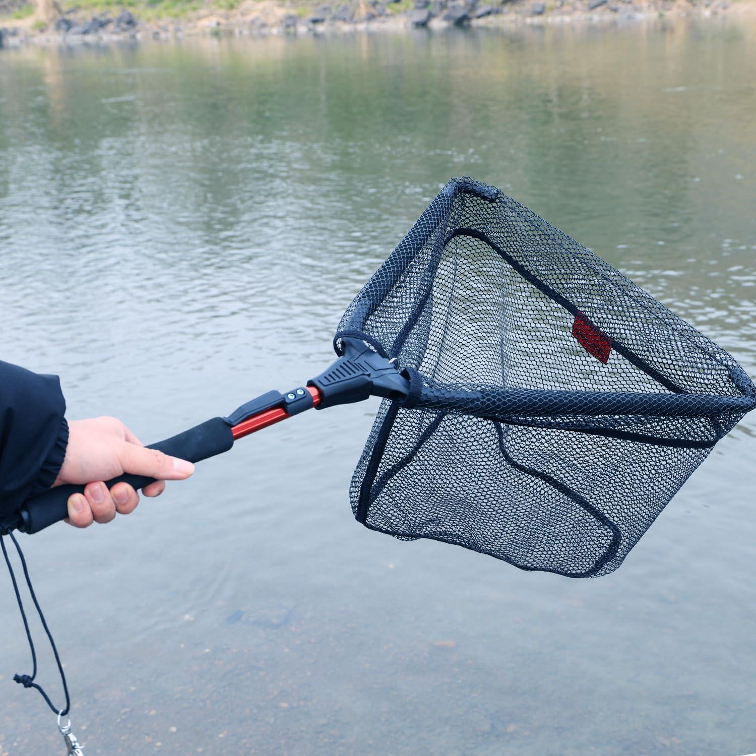 image:imageSougayilang Fishing Net Fish Landing Net Foldable Collapsible Telescopic Pole with EVA Handle Durable Nylon Material Mesh Safe Fish Catching or ReleasingFloating Nethoop Size 145innot Extendable Length 28in