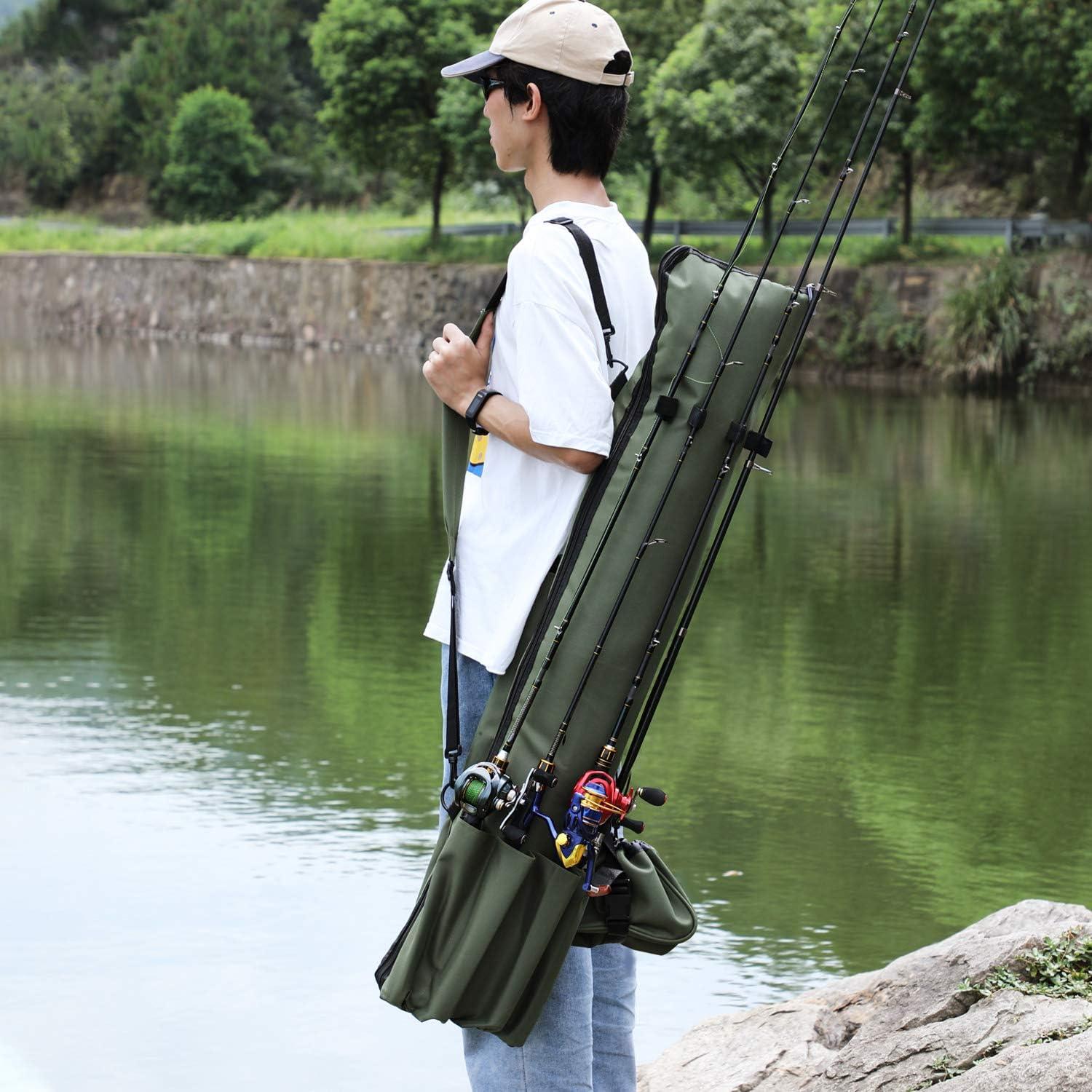 image:imageSougayilang Fishing Rod Bag Canvas Rod Case Organizer Pole Storage Bag Fishing Rod and Reel Carrier Organizer for Travel Gift for Father Boyfriend and FamilyGreen47in with accessories