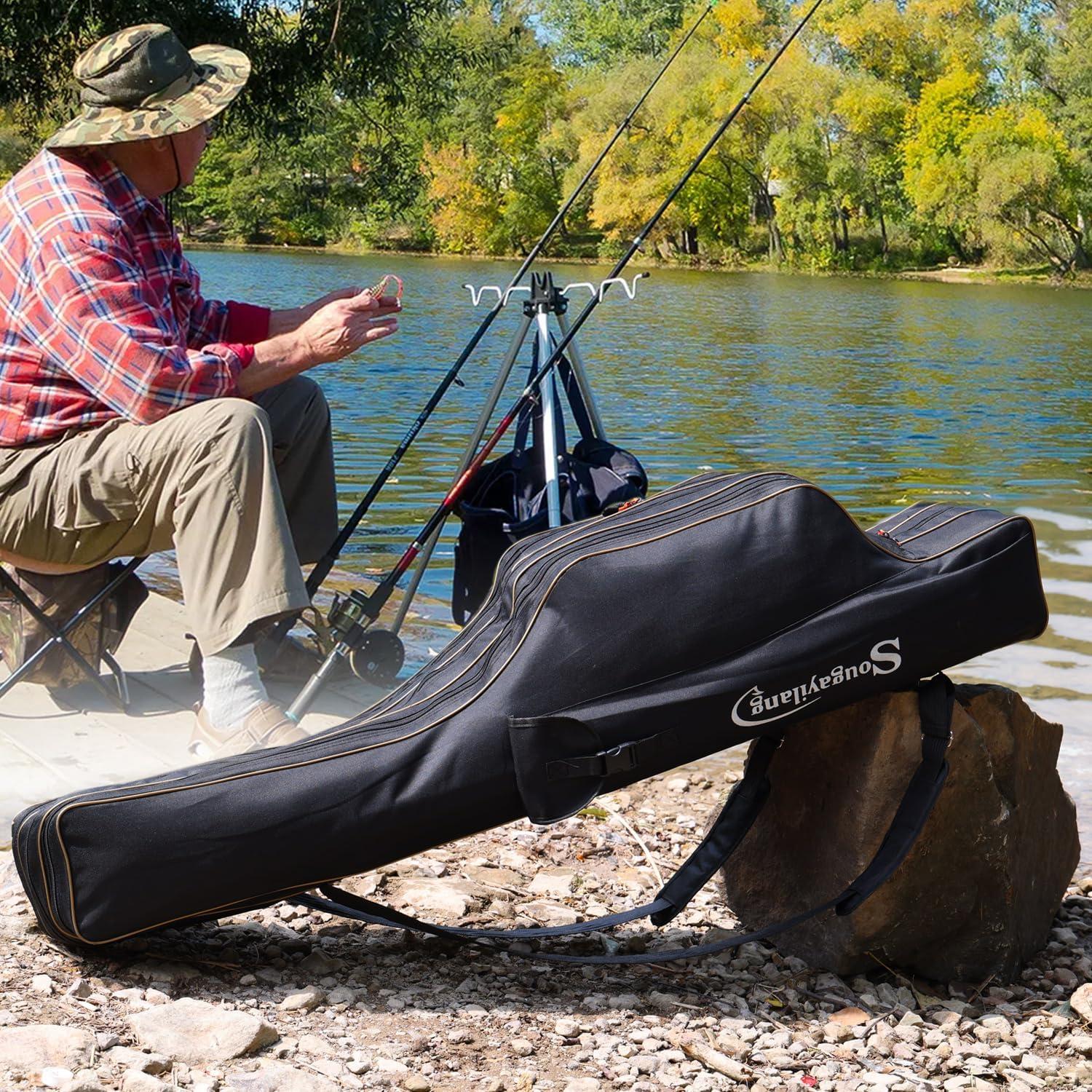 image:imageSougayilang Fishing Rod Case 3 Layers Organizer Pole Storage Bag Fishing Rod and Reel Carrier Organizer for Travel135cm53inBlueBlackLength 135cm53in