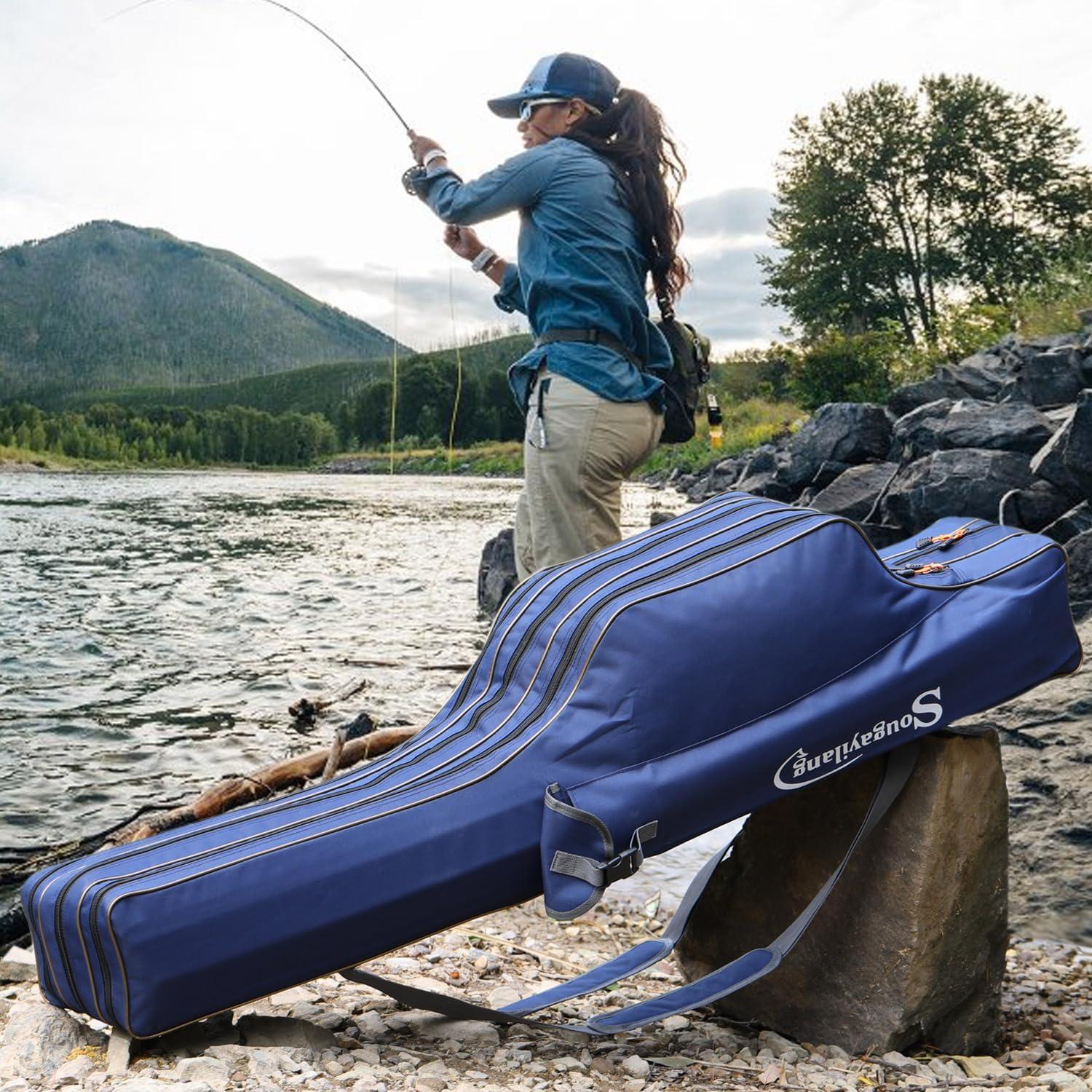 image:imageSougayilang Fishing Rod Case 3 Layers Organizer Pole Storage Bag Fishing Rod and Reel Carrier Organizer for Travel135cm53inBlueBlueLength 135cm53in