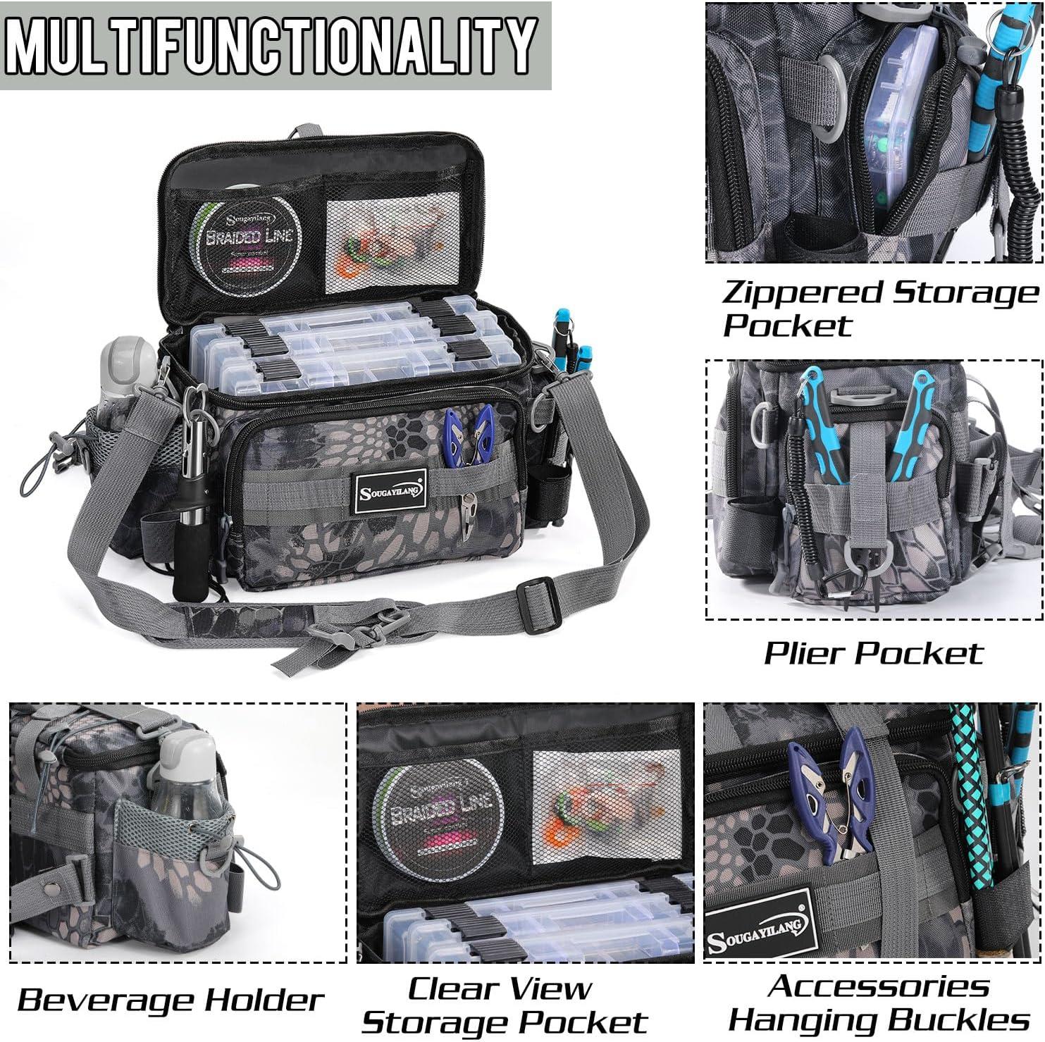 image:imageSougayilang Fishing Tackle Bags with 3600 Tackle Tray Fishing Tackle Storage Bags for Saltwater or Freshwater Fishing Gear Padded Shoulder Strap Tackle Box Bag Fishing BagGreyGrey with a 3600 Tackle Tray