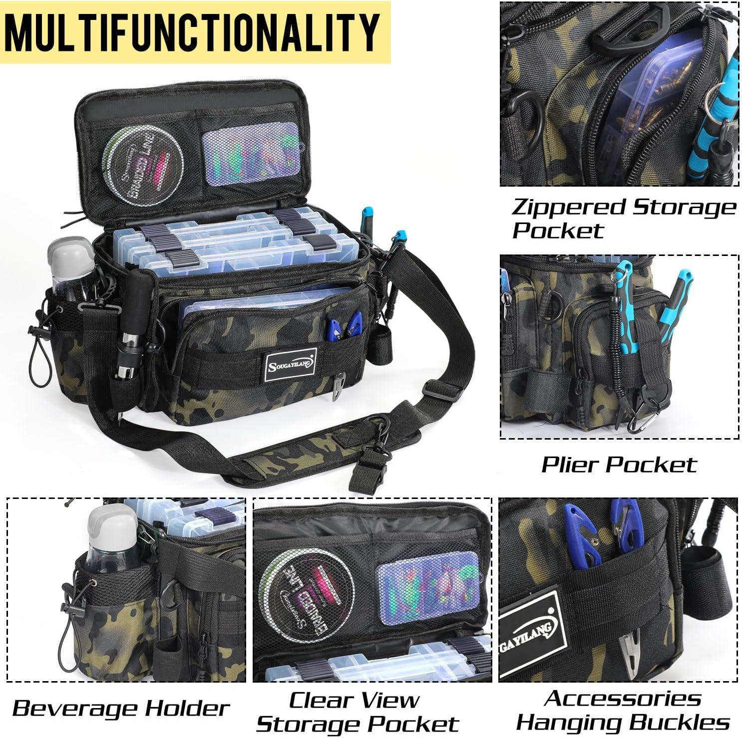 image:imageSougayilang Fishing Tackle Bags with 3600 Tackle Tray Fishing Tackle Storage Bags for Saltwater or Freshwater Fishing Gear Padded Shoulder Strap Tackle Box Bag Fishing BagGreyGreen with a 3600 Tackle Tray