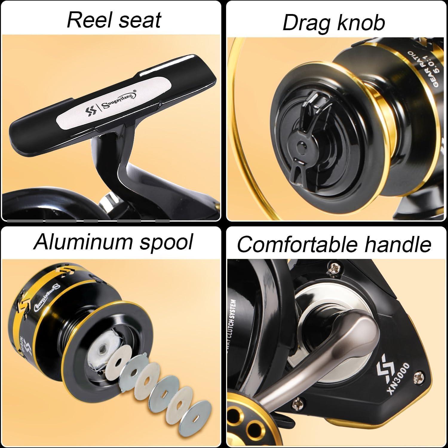 image:imageSougayilang Spinning Fishing Combos CarbonampGlass Fiber Composite 2 Piece Fishing Rods with 2000 Size Spinning Reel 60Golden with 2000 Reel 60