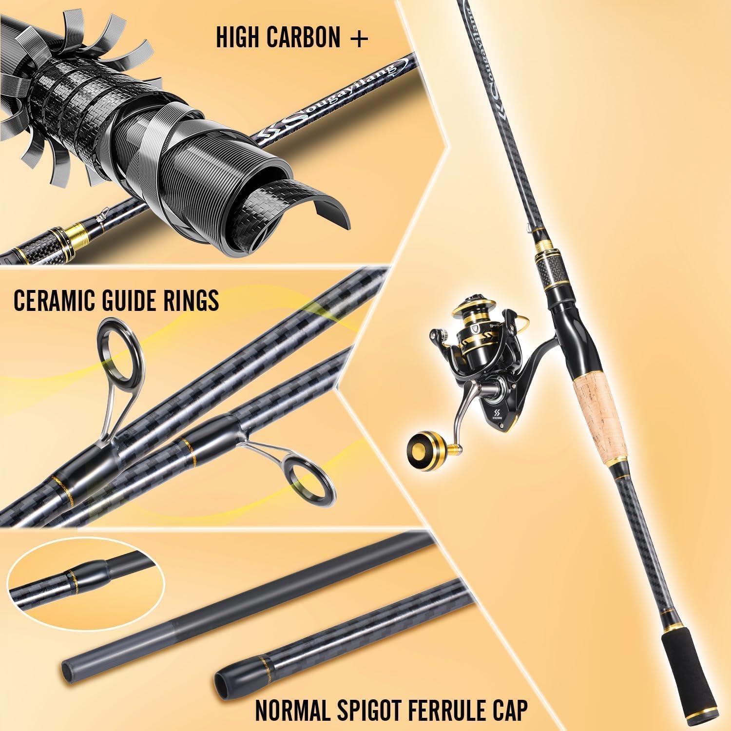 image:imageSougayilang Spinning Fishing Combos CarbonampGlass Fiber Composite 2 Piece Fishing Rods with 2000 Size Spinning Reel 60Golden with 2000 Reel 60