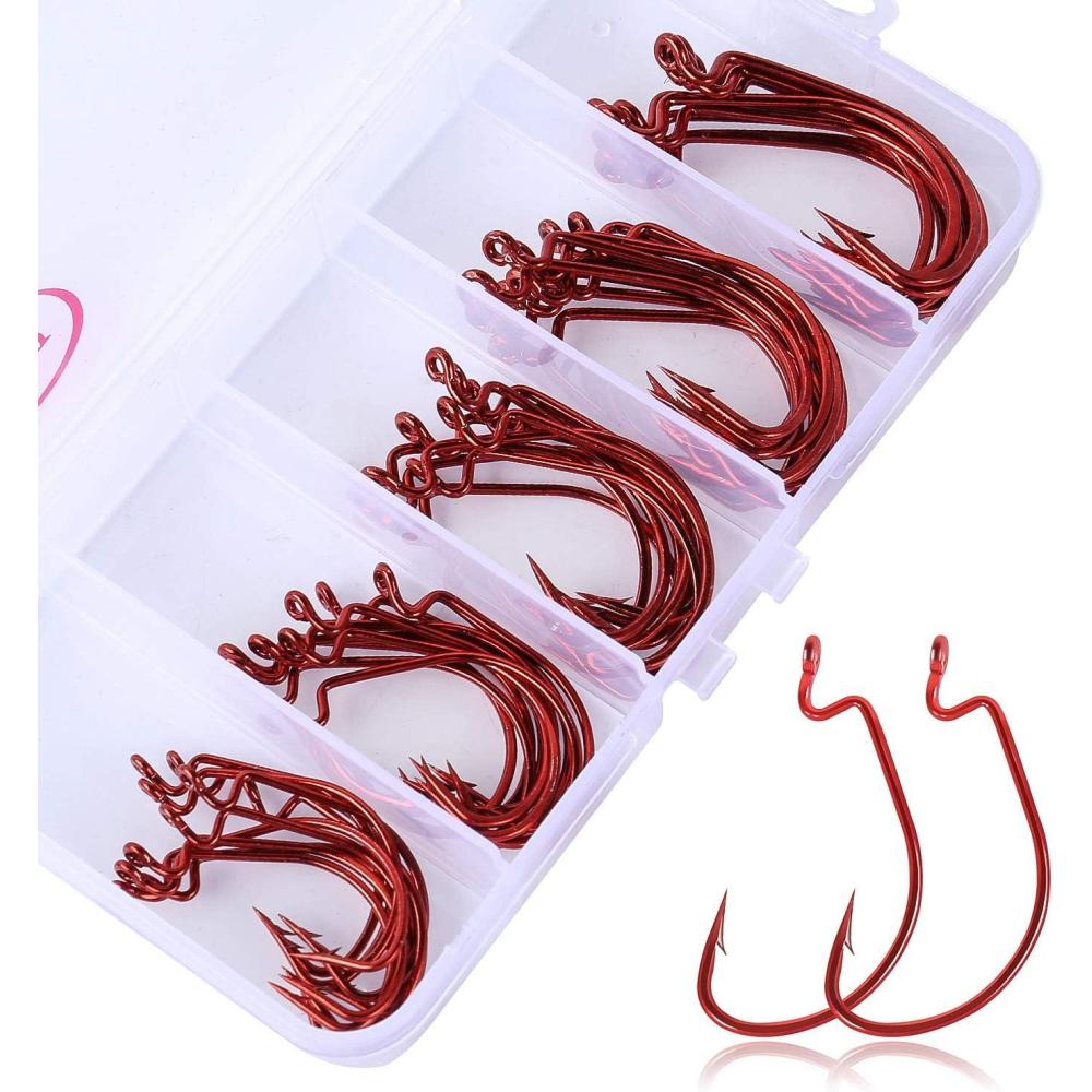 image:imageSougayilang Fishing Hooks High Carbon Steel Worm Soft Bait Jig Fish Hooks with Plastic Box50PCSred