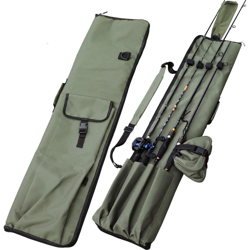image:imageSougayilang Fishing Rod Bag Canvas Rod Case Organizer Pole Storage Bag Fishing Rod and Reel Carrier Organizer for Travel Gift for Father Boyfriend and FamilyGreen47in with accessories