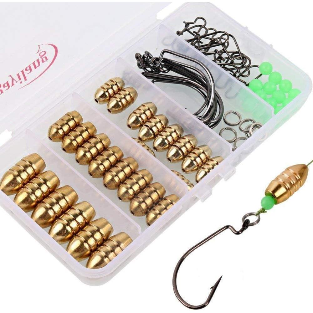 image:imageSougayilang Fishing Sinkers Set with Brass Sinker Weights Jig Hooks Fishing Swivel Ring Connector Plastic Box for Freshwater Saltwater Bass FishingAtype 1