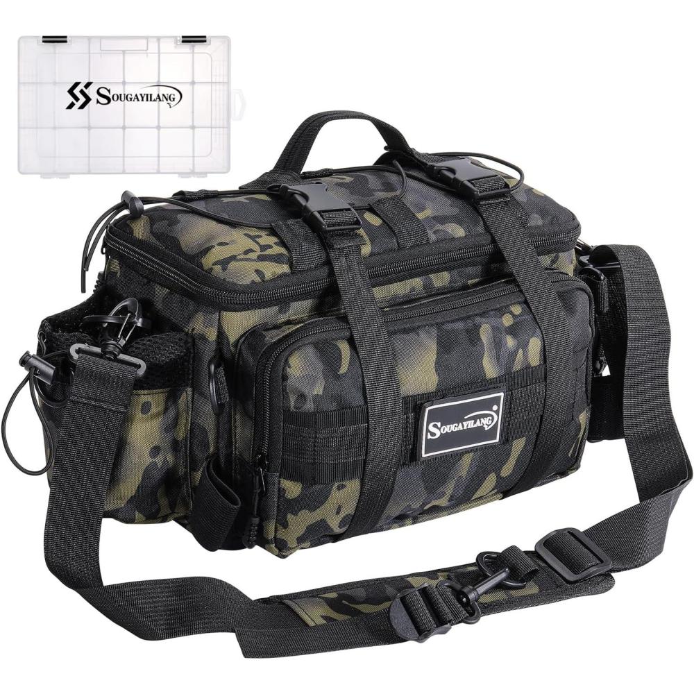image:imageSougayilang Fishing Tackle Bags with 3600 Tackle Tray Fishing Tackle Storage Bags for Saltwater or Freshwater Fishing Gear Padded Shoulder Strap Tackle Box Bag Fishing BagGreyGreen with a 3600 Tackle Tray