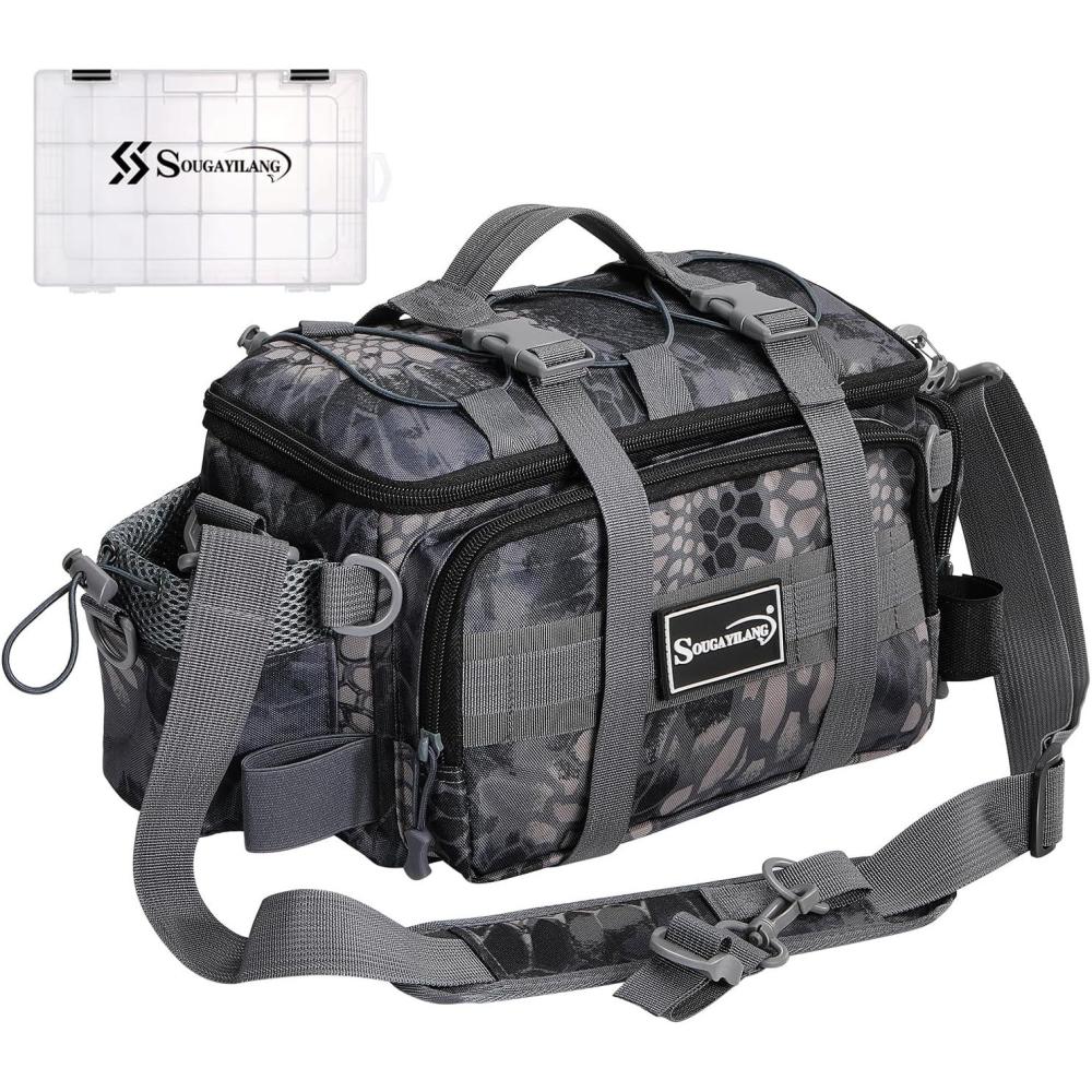 image:imageSougayilang Fishing Tackle Bags with 3600 Tackle Tray Fishing Tackle Storage Bags for Saltwater or Freshwater Fishing Gear Padded Shoulder Strap Tackle Box Bag Fishing BagGreyGrey with a 3600 Tackle Tray