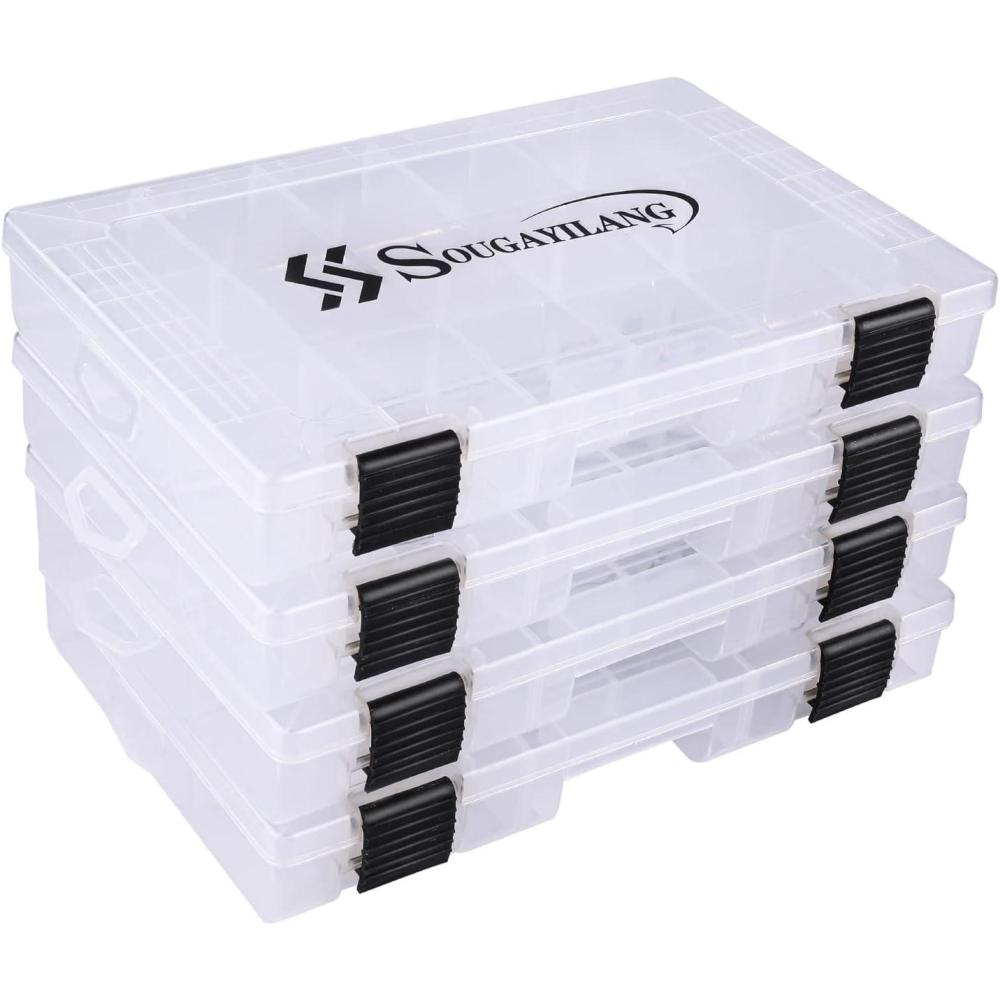 image:imageSougayilang Fishing Tackle Boxes 3600 3700 Plastic Storage Organizer Box with Removable Dividers Fishing Tackle Storage 4 Packs Transparent Tackle TraysFour 3600 Tray Size 108x71x16