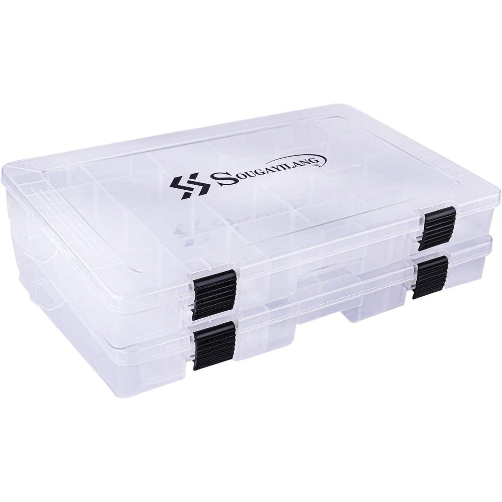 image:imageSougayilang Fishing Tackle Boxes 3600 3700 Plastic Storage Organizer Box with Removable Dividers Fishing Tackle Storage 4 Packs Transparent Tackle TraysTwo 3700 Tray Size 14x87x18