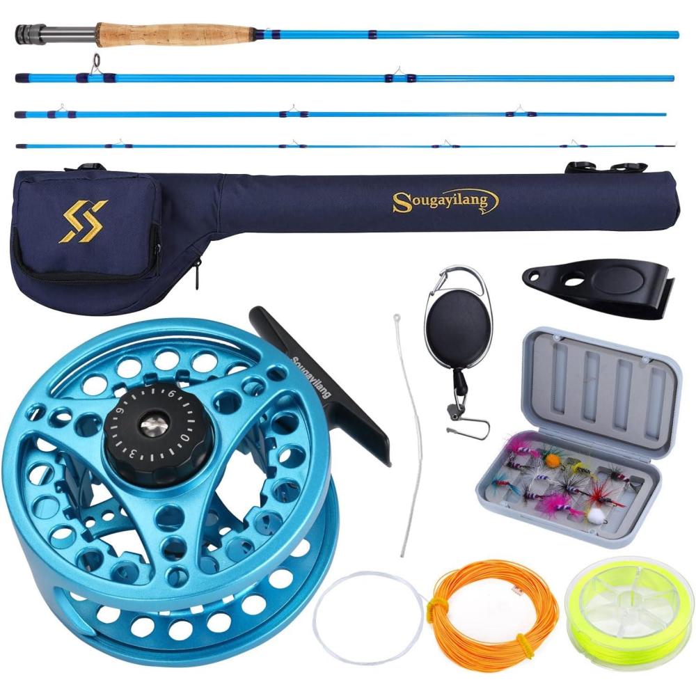 image:imageSougayilang Fly Fishing Combo 4 Piece Fly Rod and CNC Machined Aluminum Alloy Reel Complete Starter Package with Rod BagFly Fishing Combo 5Blue