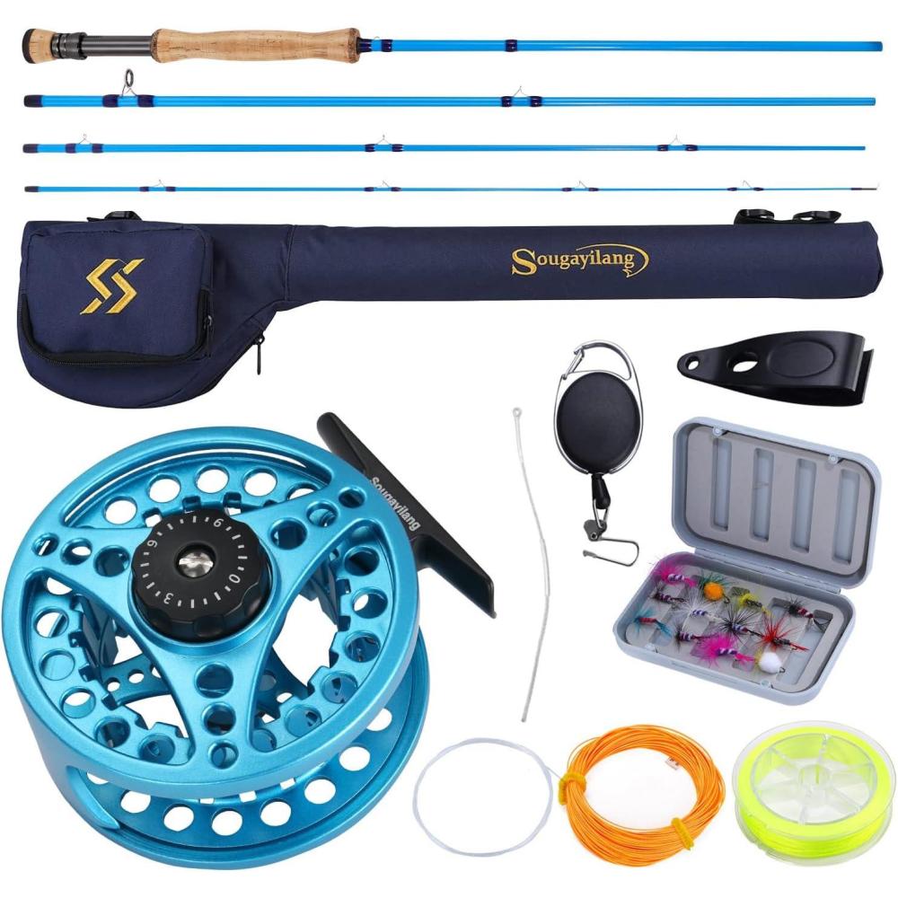 image:imageSougayilang Fly Fishing Combo 4 Piece Fly Rod and CNC Machined Aluminum Alloy Reel Complete Starter Package with Rod BagFly Fishing Combo 8Blue